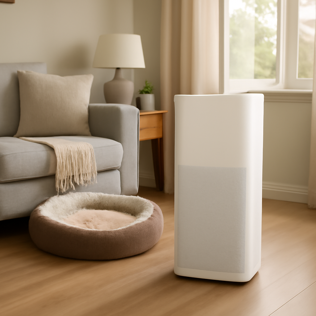 Air purifier placed appropriately in a living room with a dog bed nearby