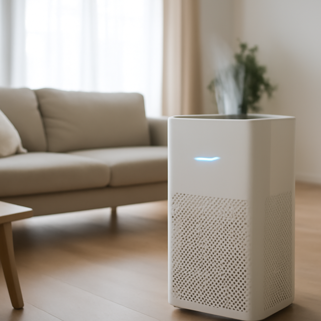 Air purifier actively running in a clean living room during wildfire smoke season