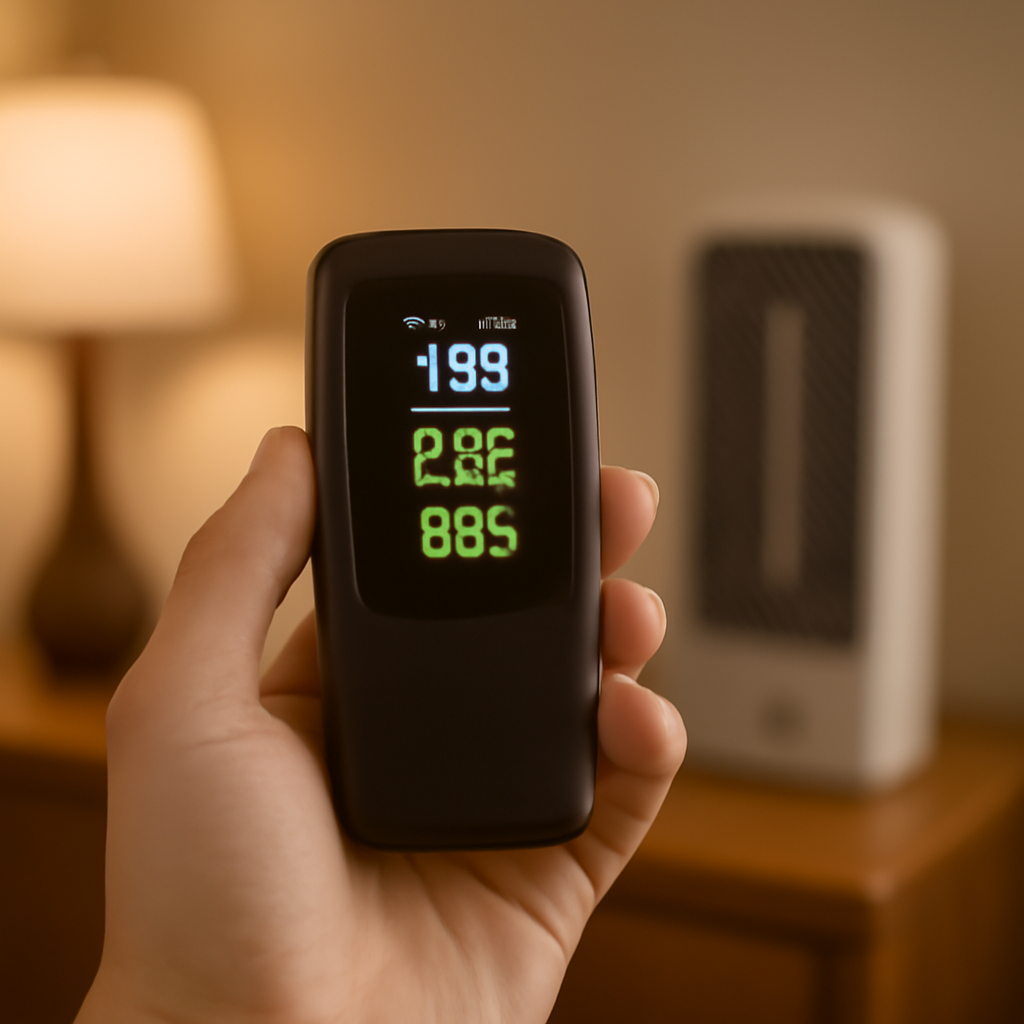 Handheld air quality monitor checked near an ionic air purifier