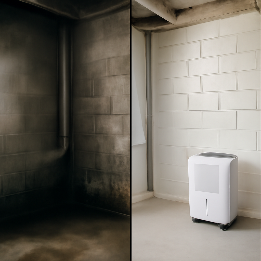 Basement corner before and after running a dehumidifier, damp versus dry