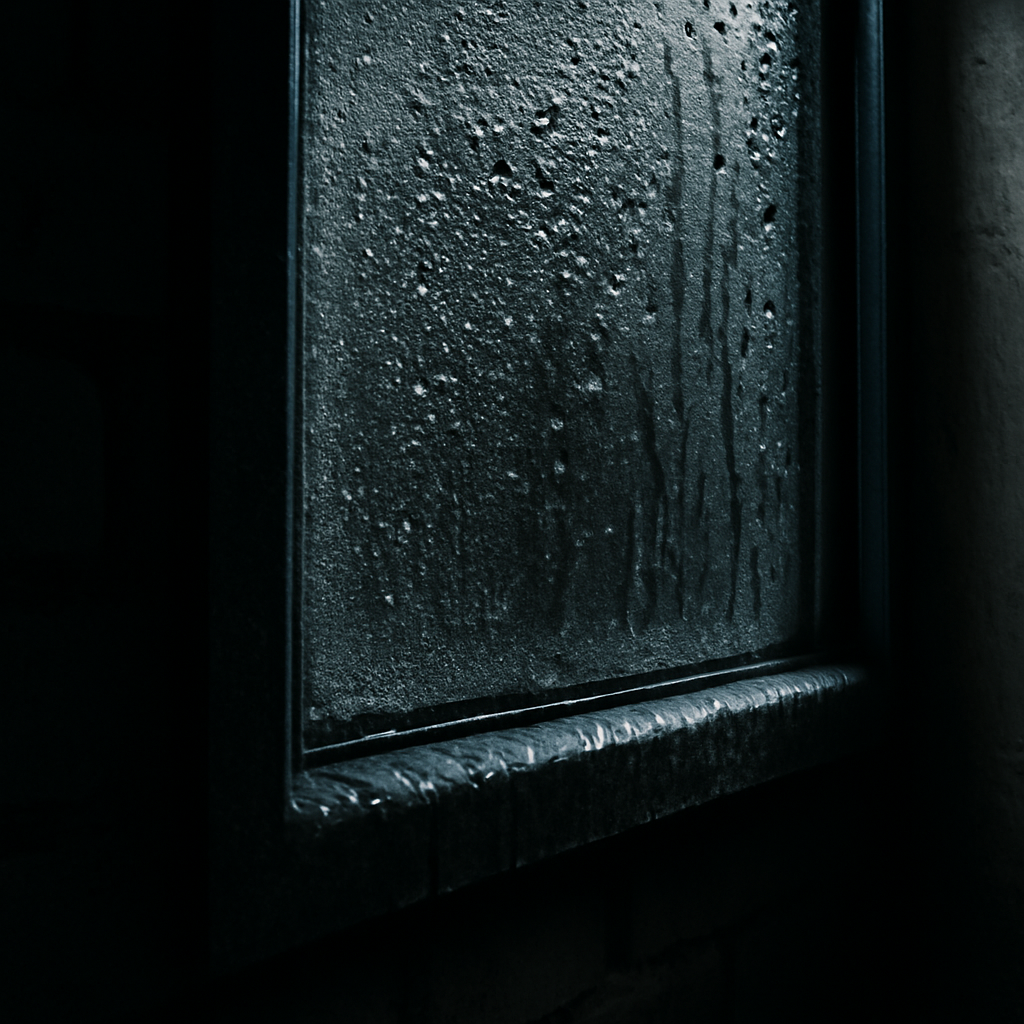 Condensation droplets on a basement window showing excess humidity