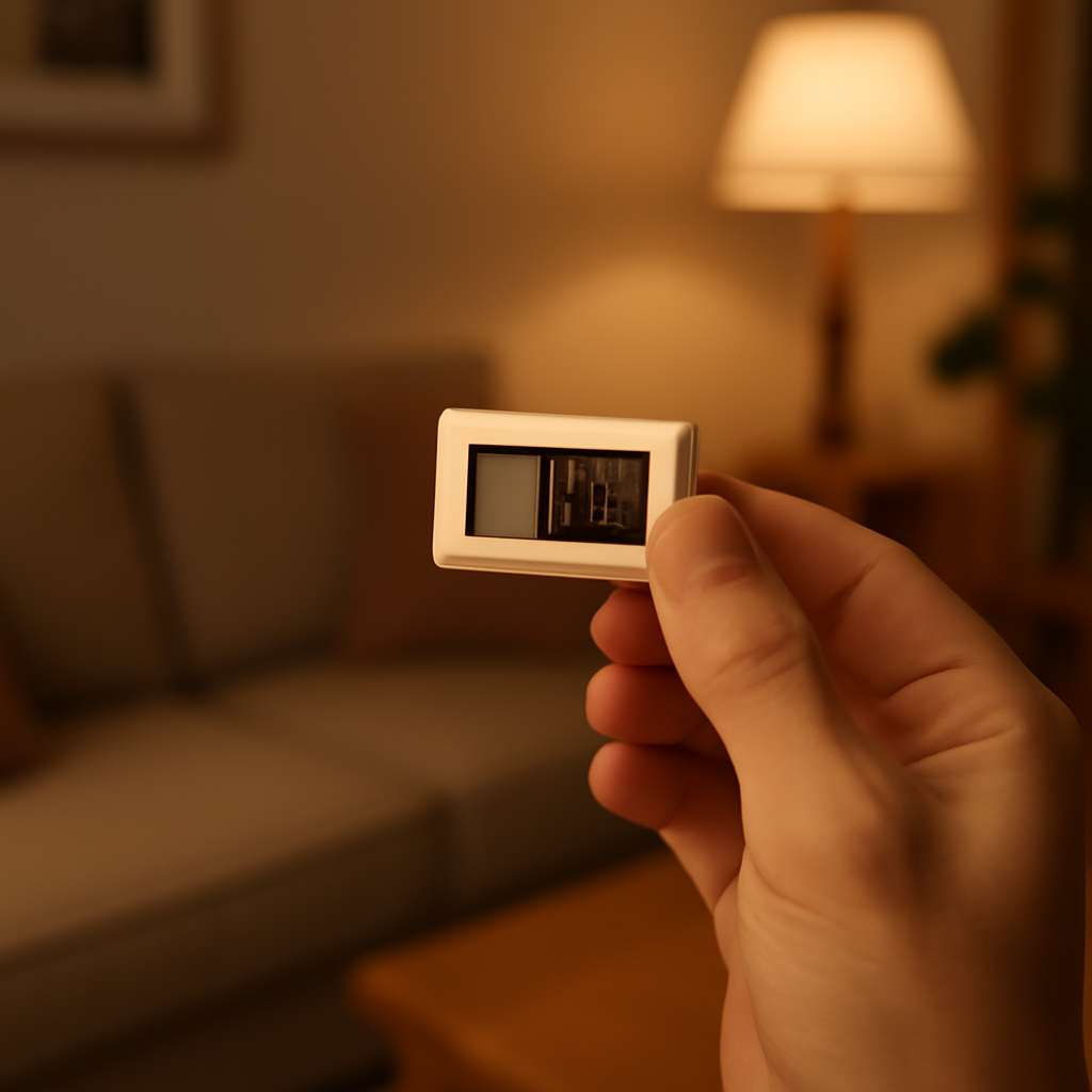 Hand holding a digital hygrometer to check indoor humidity at home