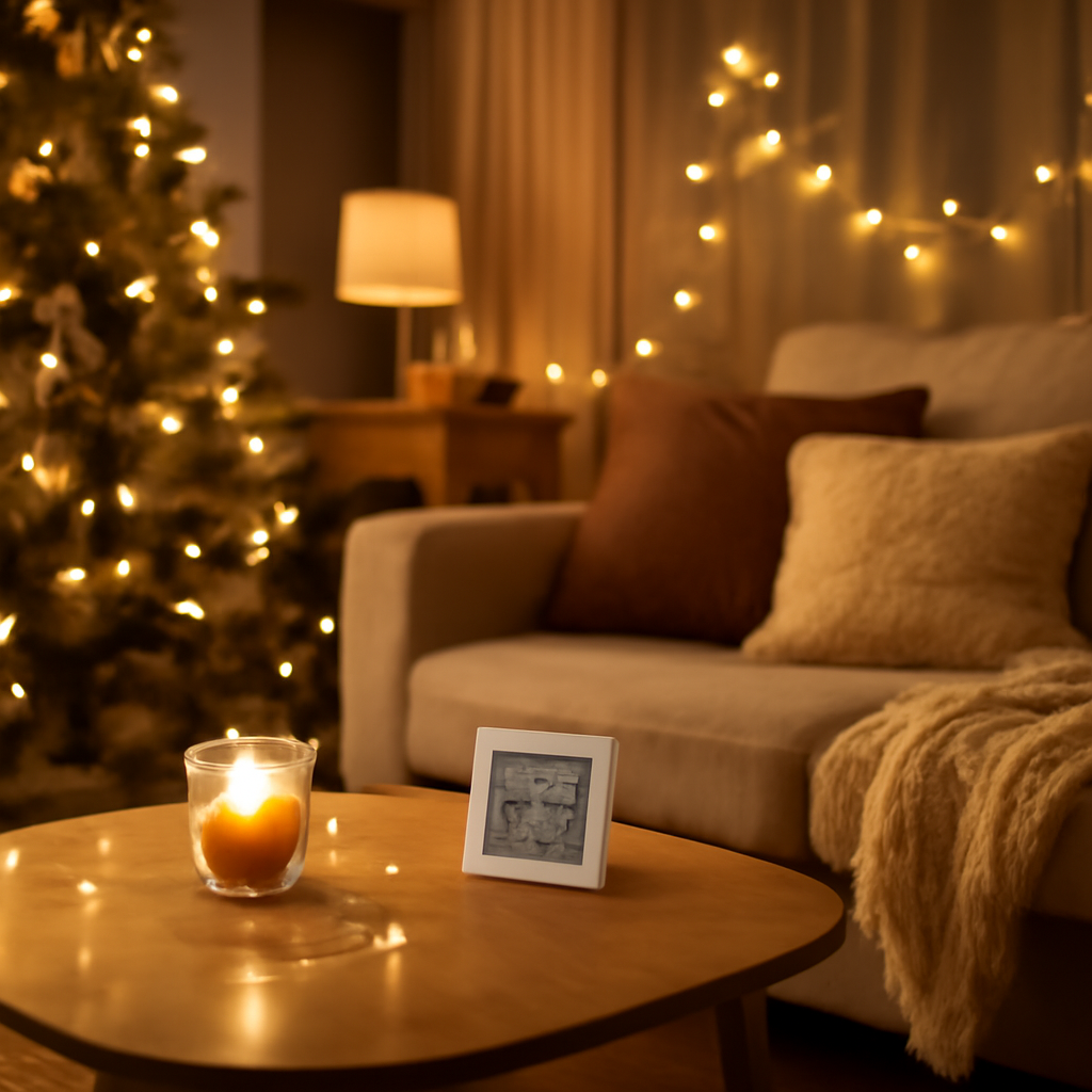 Cozy decorated living room prepared for holiday guests with attention to air quality