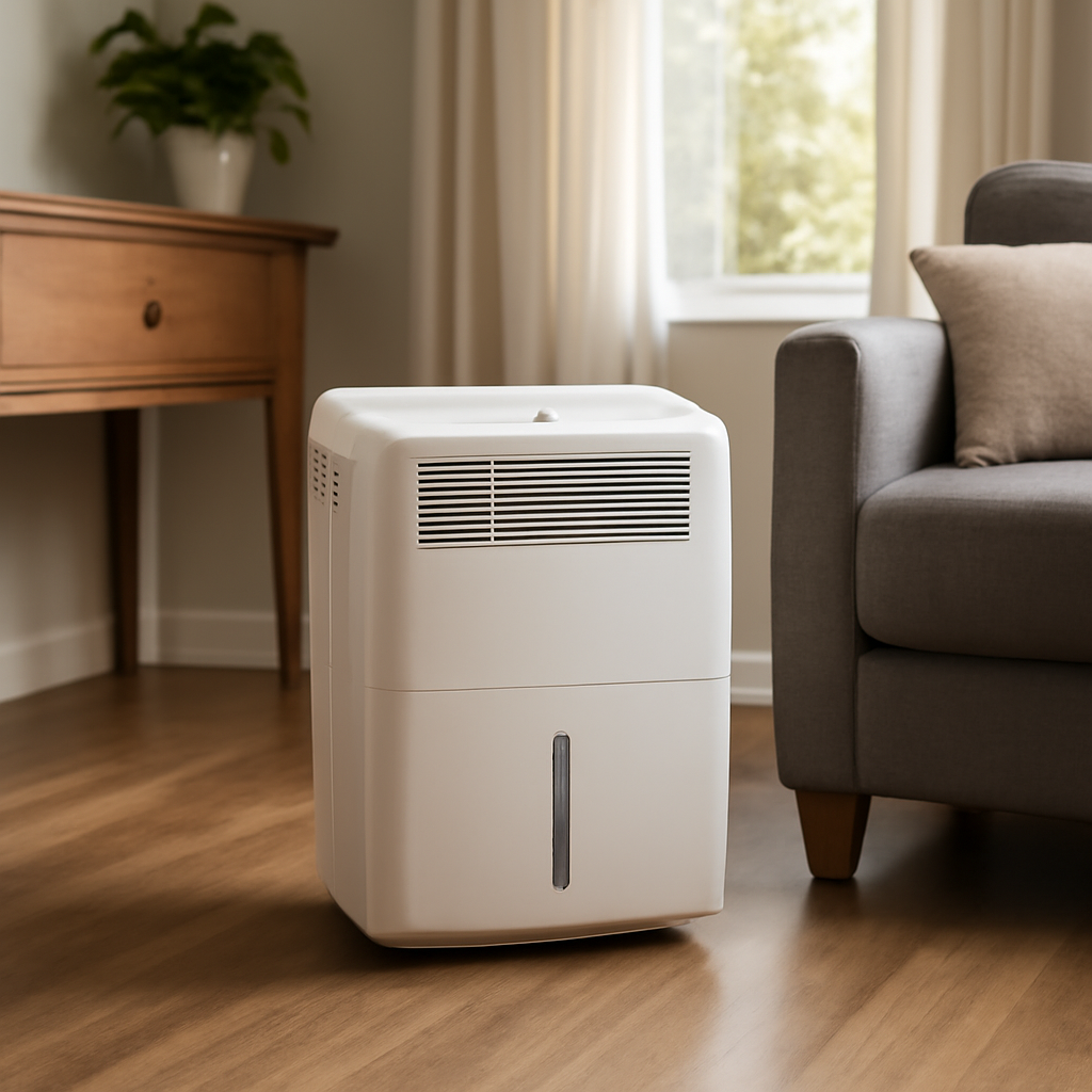 Portable dehumidifier placed appropriately in a mid-sized living room
