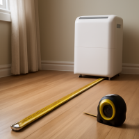 What Size Dehumidifier Do You Need? A Sizing Guide Tape measure next to a dehumidifier, representing sizing a unit to a room