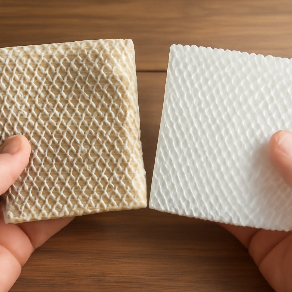 Dirty mineral-crusted humidifier wick filter beside a clean replacement filter