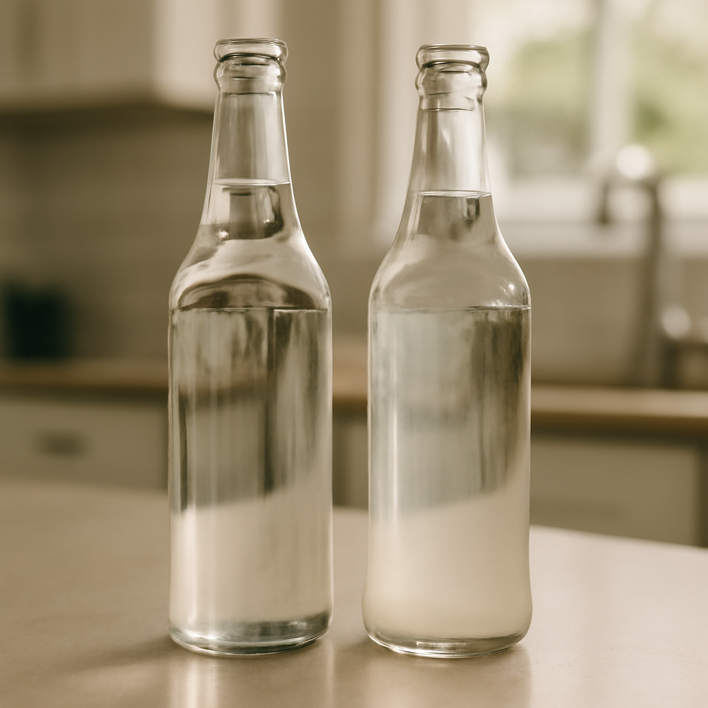 Clear distilled water next to tap water showing mineral residue buildup