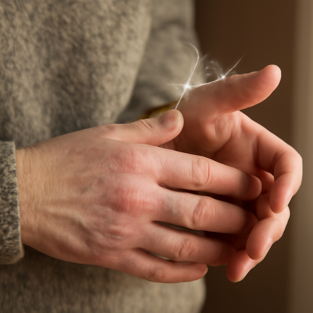 Static spark between dry hands, a common sign of low indoor humidity