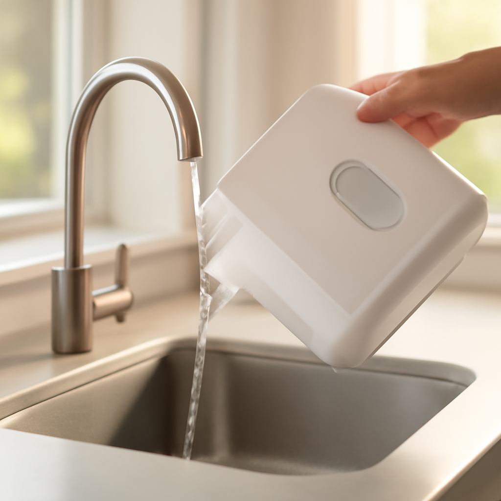 Emptying a humidifier water tank into the sink before refilling with clean water