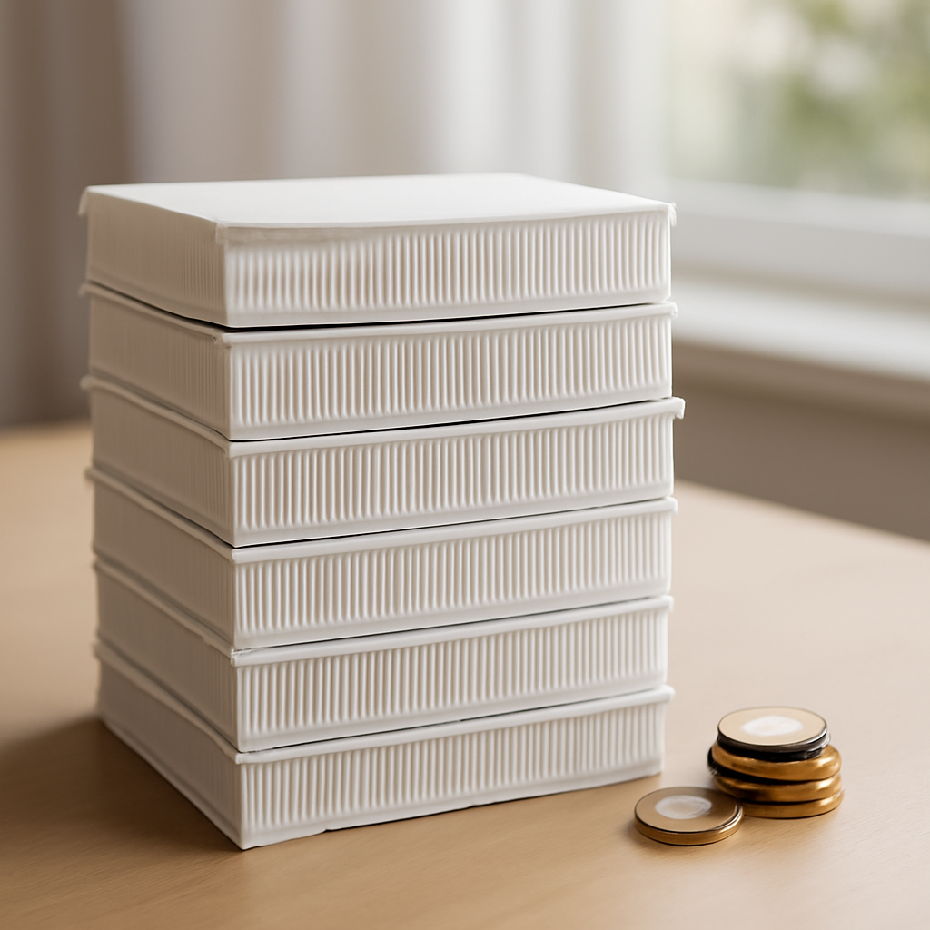 Stack of replacement HEPA filters next to coins representing ongoing maintenance cost