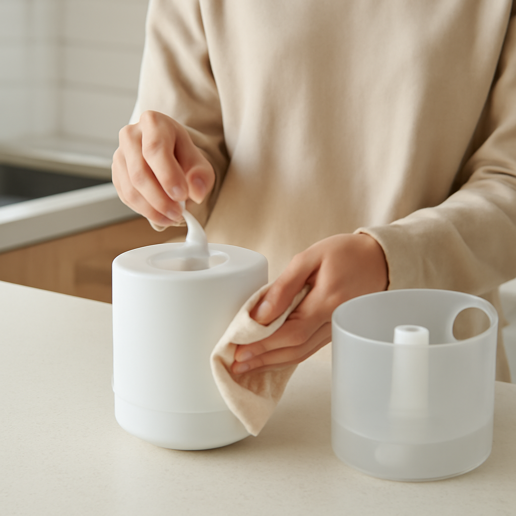 Hands cleaning a humidifier tank and base with a cloth to remove mineral buildup
