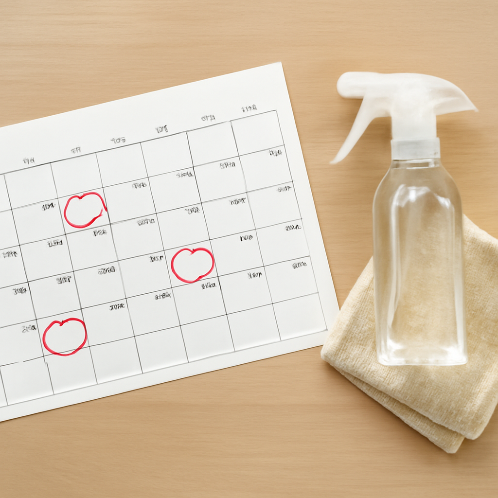Cleaning calendar with marked days next to a spray bottle and cloth for humidifier maintenance