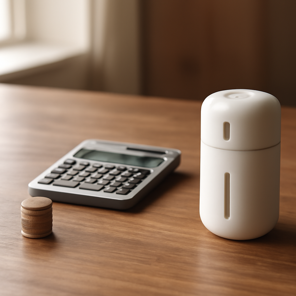 Calculator and coins beside a portable humidifier representing long-term cost comparison