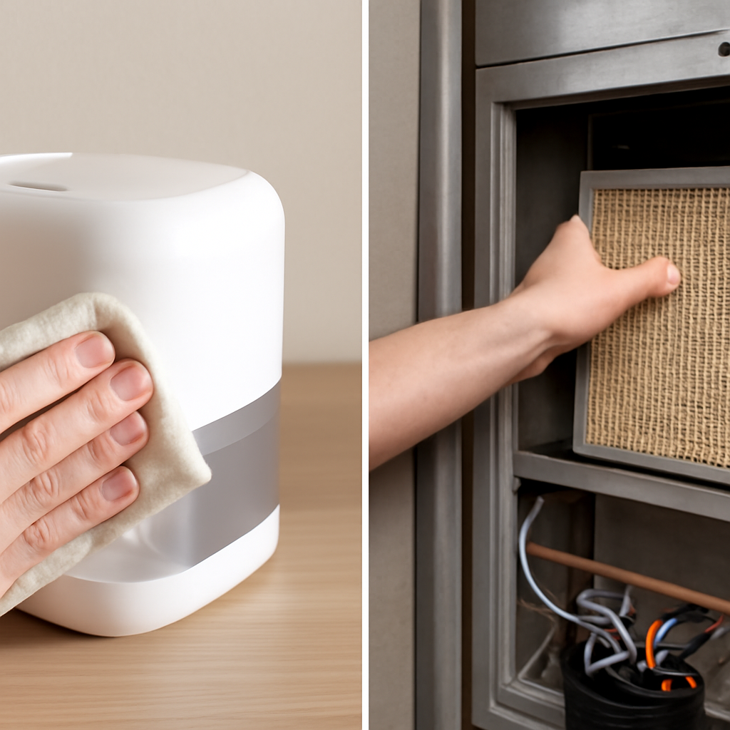 Comparing maintenance effort: wiping a portable humidifier versus servicing a furnace humidifier panel