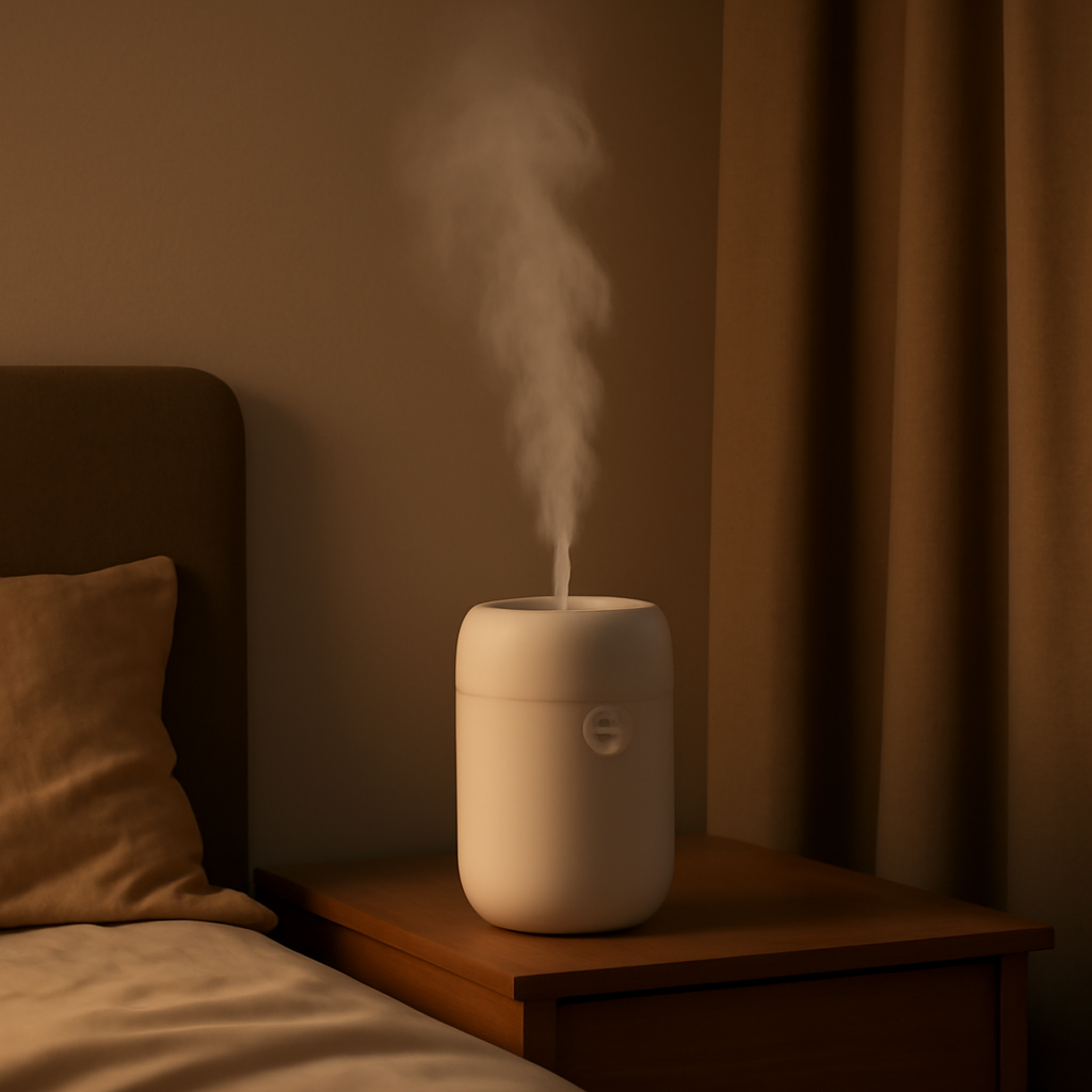 Portable humidifier placed on a nightstand with proper clearance from walls and curtains