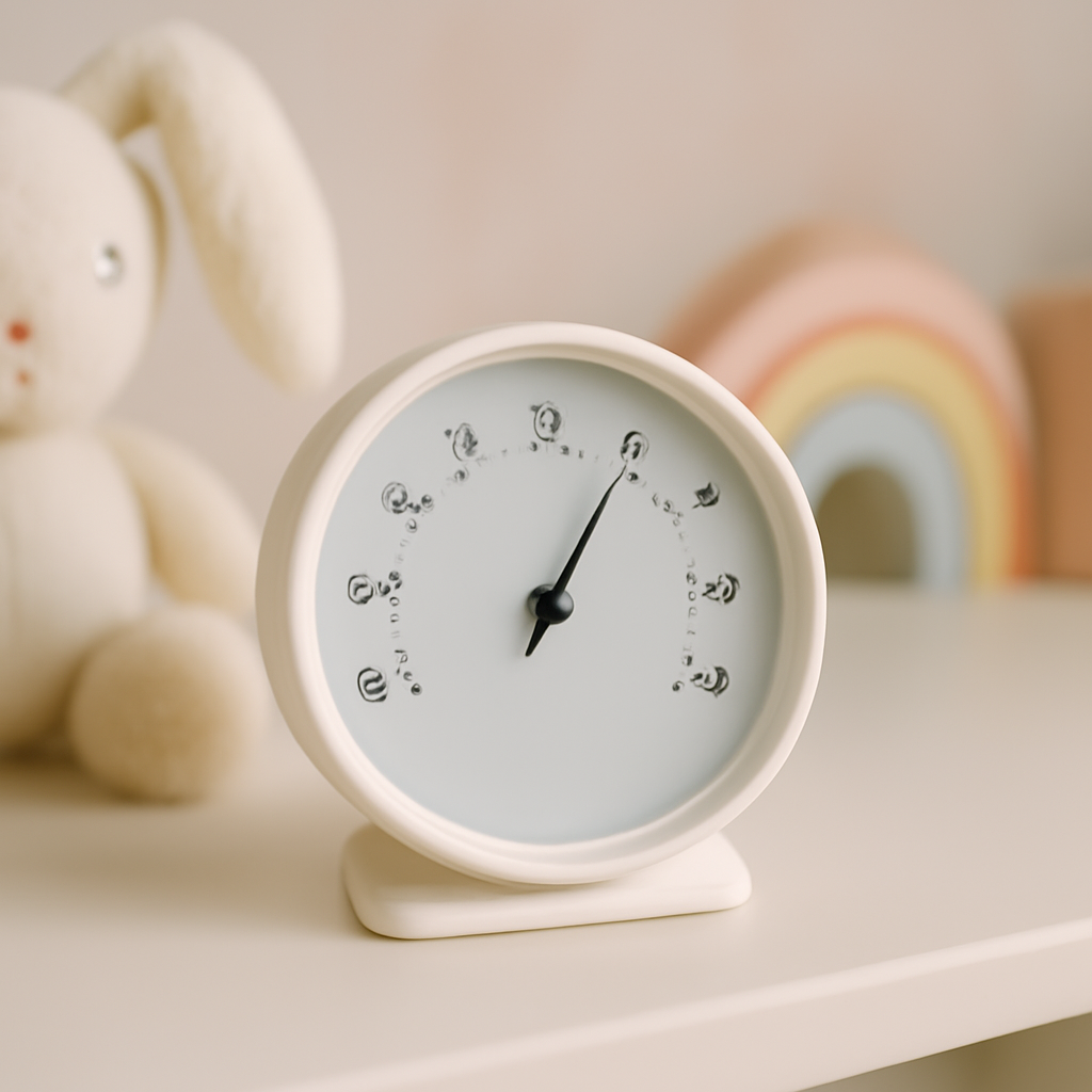 Hygrometer gauge on a nursery shelf next to soft baby decor