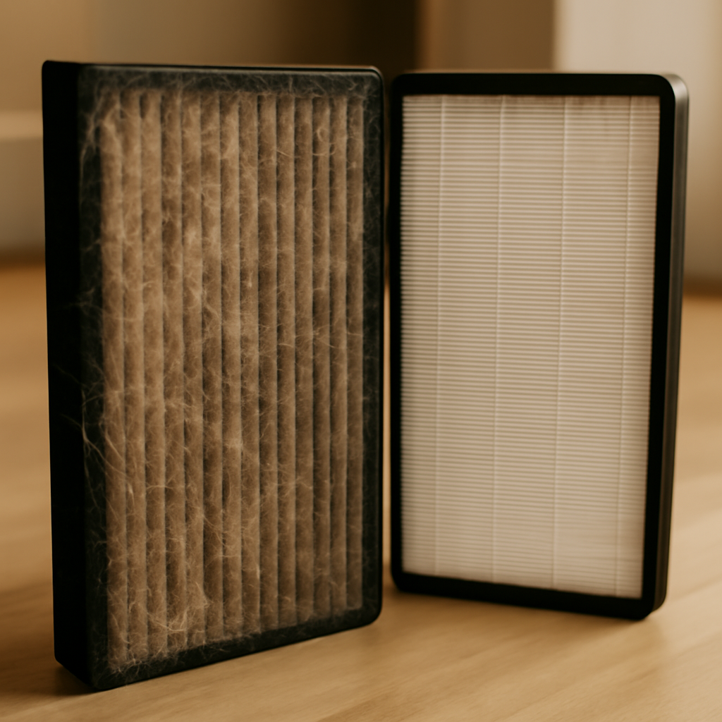 Air purifier filter covered in pet hair and dust next to a clean replacement filter