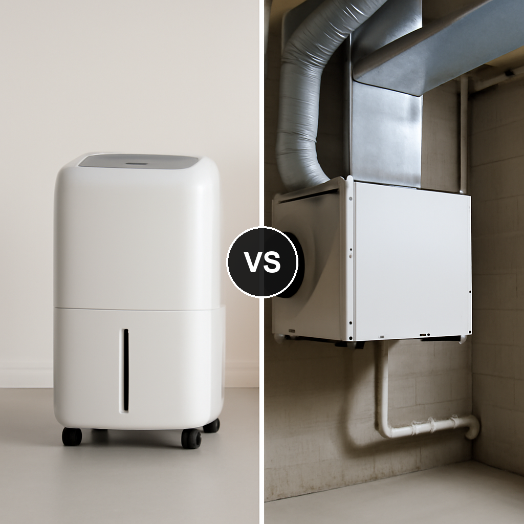 Portable dehumidifier versus whole-home ducted dehumidifier side by side comparison