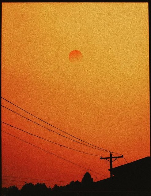 Orange smoke-filled sky and sun seen over power lines during a wildfire