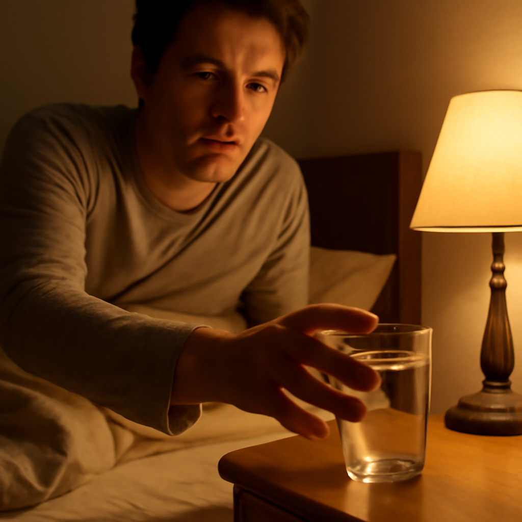Person waking up at night to reach for a glass of water due to dry winter air