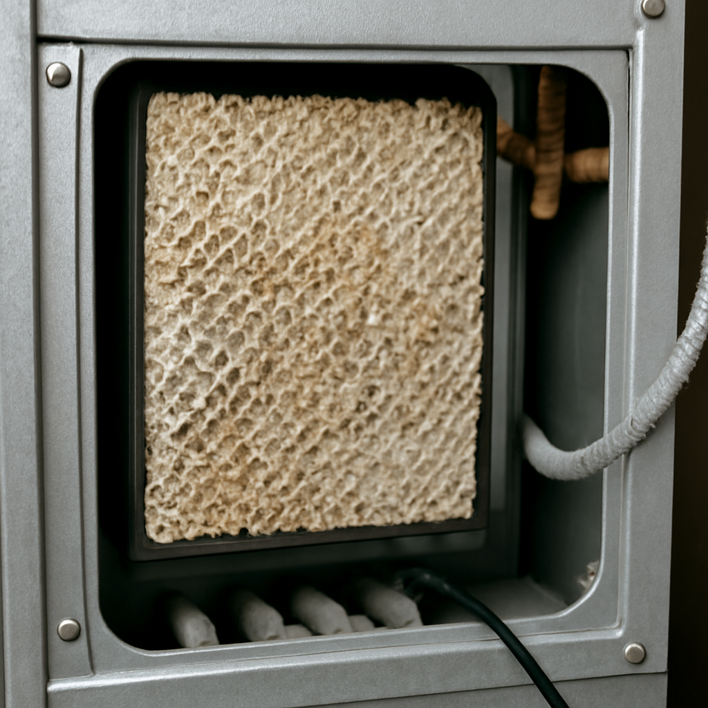 Open furnace humidifier panel showing a water pad with mineral buildup