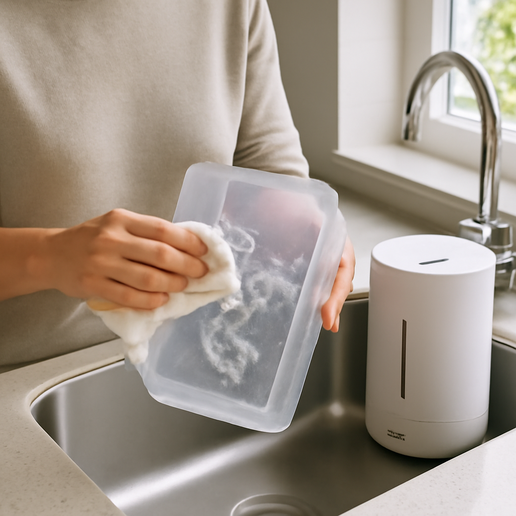 Wiping mineral residue from inside a humidifier tank during a deep clean